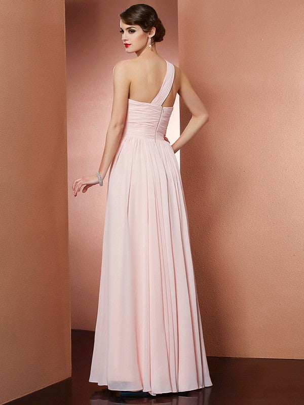 Vestidos largos de gasa con pliegues, sin mangas, de corte A/princesa y un solo hombro